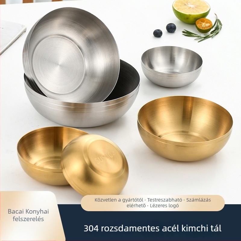Rozsdamentes acél tál, kerek, kefés matt felület, nyomtatott logó, testreszabható