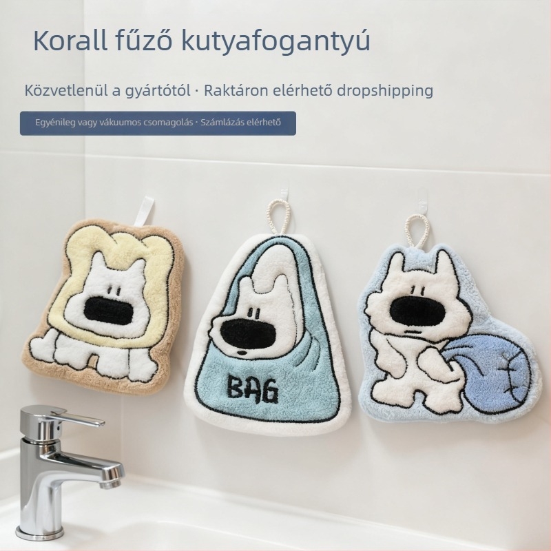 Kéztörlő aranyos kölyökkutya motívummal, korall fleece anyag, nedvszívó és tömörített, 150D, 30–50 g