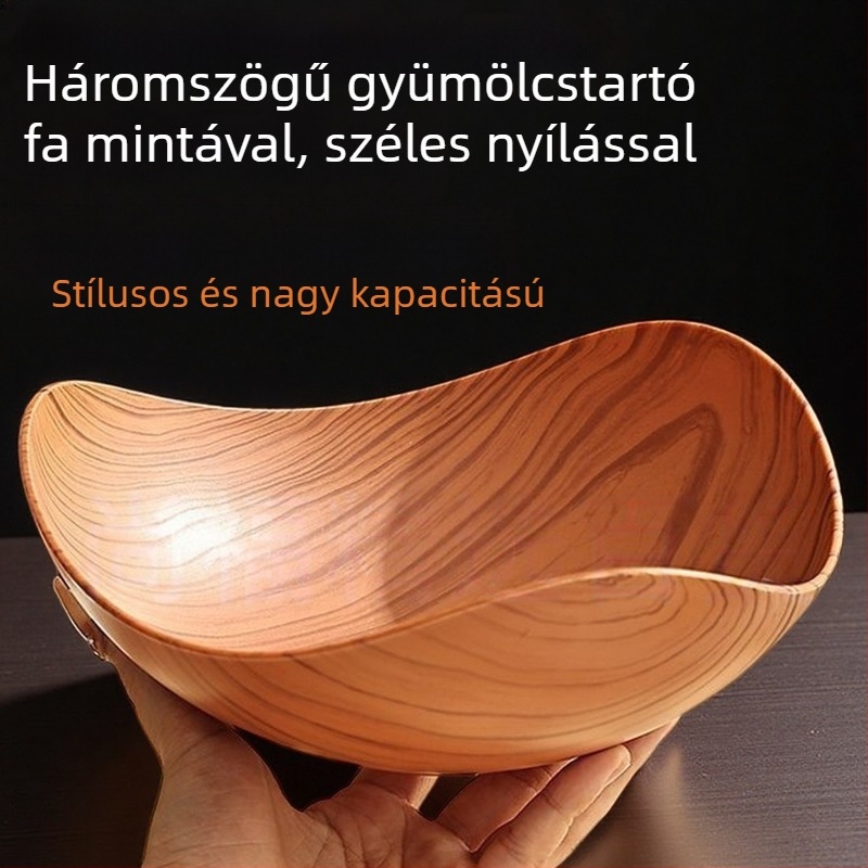 Fengzhi Háromszög Gyümölcstál – PP anyag, fa imitációs textúra, Vintage/Light-Luxury retro stílus