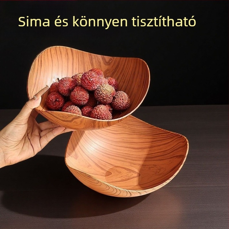 Fengzhi Háromszög Gyümölcstál – PP anyag, fa imitációs textúra, Vintage/Light-Luxury retro stílus