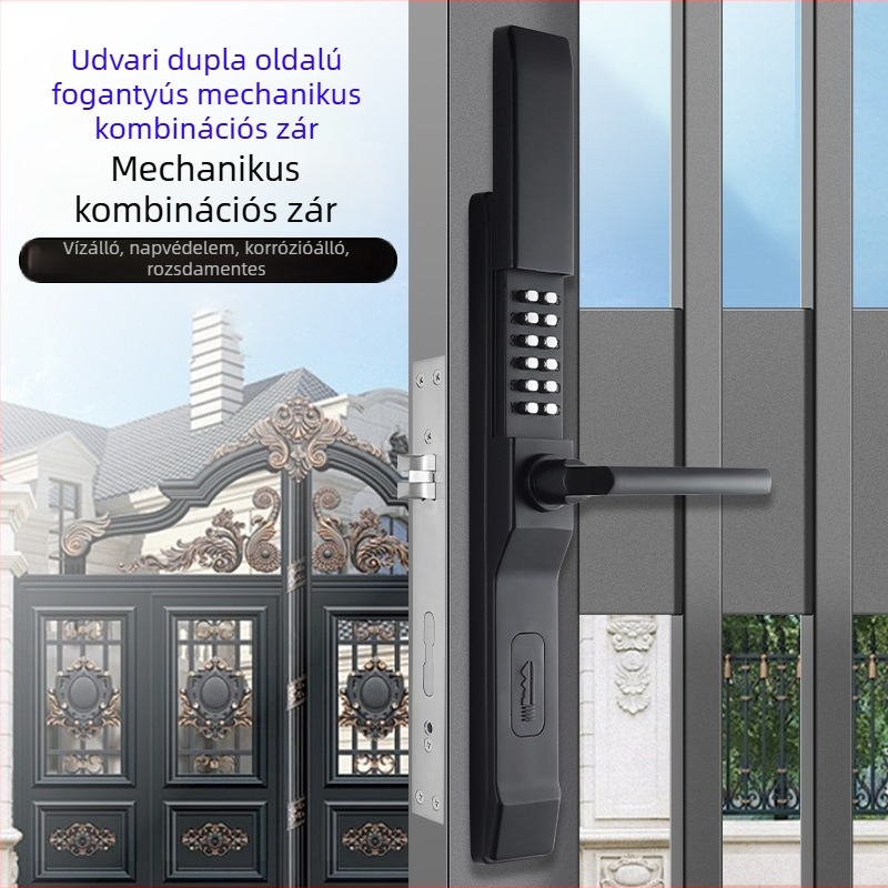 Külső kétoldalas mechanikus kombinációs zár kovácsoltvas kapukhoz, udvarra és kertbe (Model 618, cinkötvözet, rúdvastagság 8x8, távolság 85)