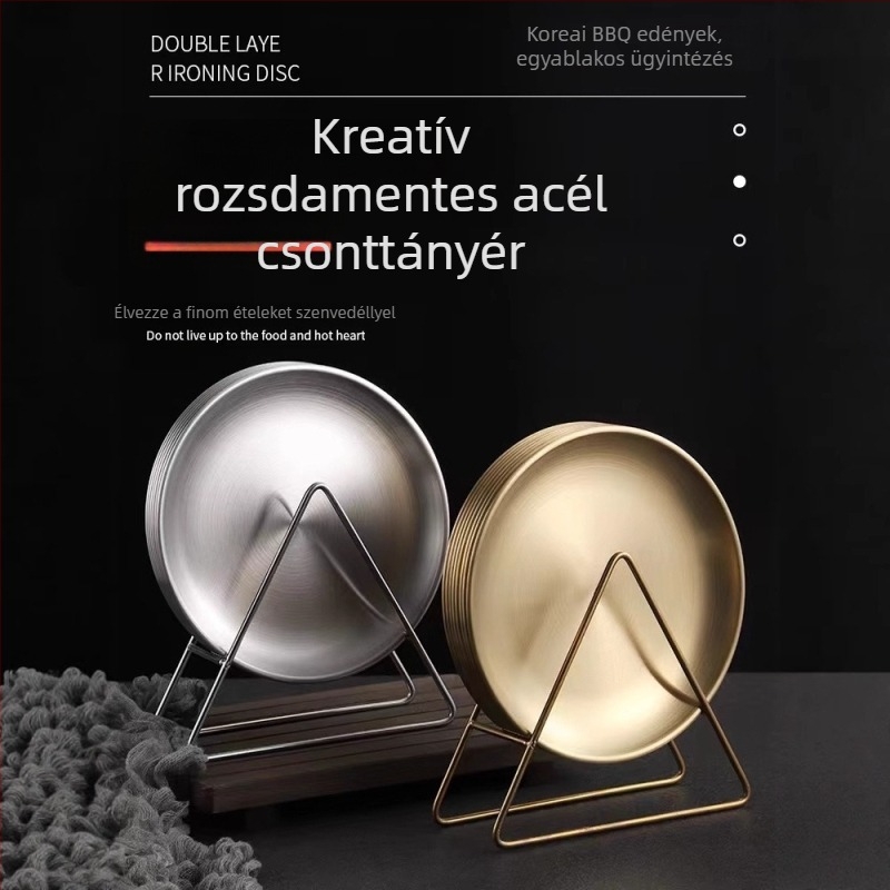 Rozsdamentes acélból készült tál alappal és tárolóval, kerek sekély tál gyümölcsöknek és nassolnivalóknak