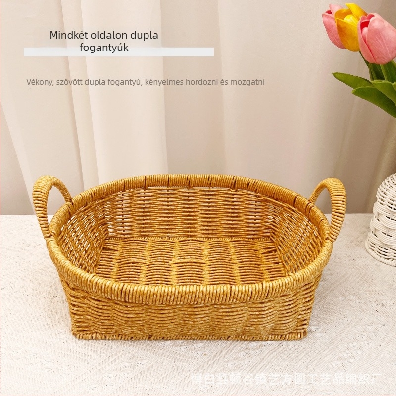Két fülű gyümölcskosár, kézzel készített műrattan utánzat, asztali tárolókosár, műanyag, prémium minőség
