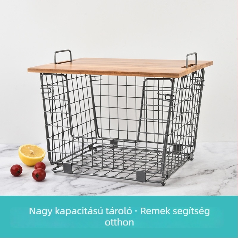Kovácsoltvas gyümölcs- és zöldségtároló kosár, multifunkcionális, összecsukható bambusz tárolókosárral, minimalist stílusban