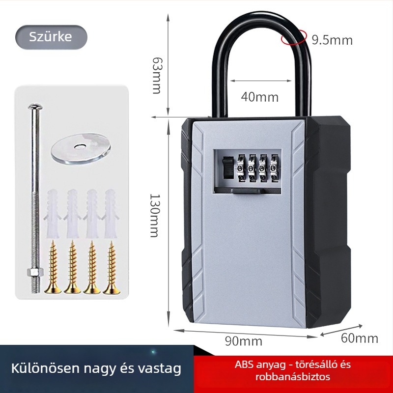 Falra szerelhető jelszavas kulcstároló, Modell 917, Függő típus, ABS műanyag, záró tengely vastagsága 9,5 mm, numerikus kód, fa ajtókhoz