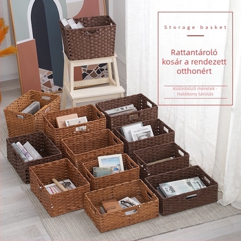 Kézzel szőtt imitált rattan tárolókosár, japán stílusú asztali kosár fogantyúval, játékokhoz, ruházathoz és élelmiszerekhez