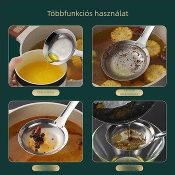 Rozsdamentes acélból készült finom hálószűrőkanál, egyrészes kialakítás, szilikon fogantyú, hőálló