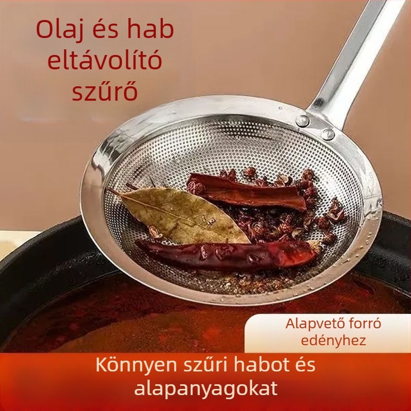 Rozsdamentes acélból készült finom hálószűrőkanál, egyrészes kialakítás, szilikon fogantyú, hőálló