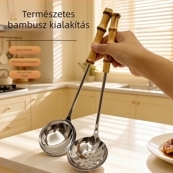 Rozsdamentes acél leveskanál bambusz fogantyúval és szűrővel — hőálló, tartós, többfunkciós