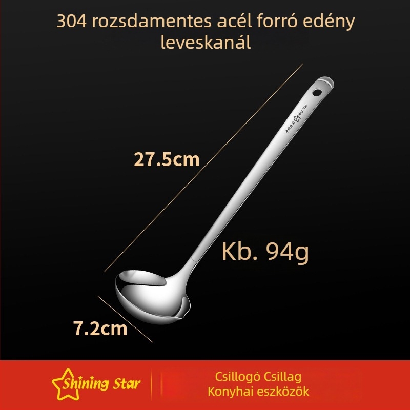 Star Flash 304 rozsdamentes acél kanál- és szita készlet hosszú nyele – tükörfényes felület, vastagított kialakítás, csúszásmentes, hőálló