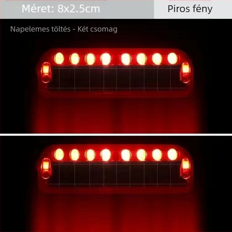 Napelemes LED hátsó lámpa motorkerékpárhoz, modell 8 LED, ABS ház + napelemes energia-tároló panel, 3V, 0.2A