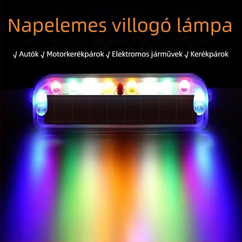Napelemes LED hátsó lámpa motorkerékpárhoz, modell 8 LED, ABS ház + napelemes energia-tároló panel, 3V, 0.2A