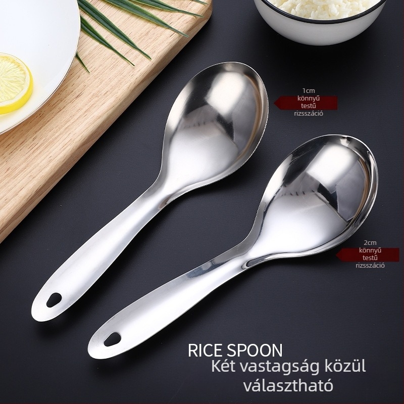 Rozsdamentes acélból készült rizskanál, vastagított, egy darabból öntött, tükrös felület, mágnes nélküli 201-es acél