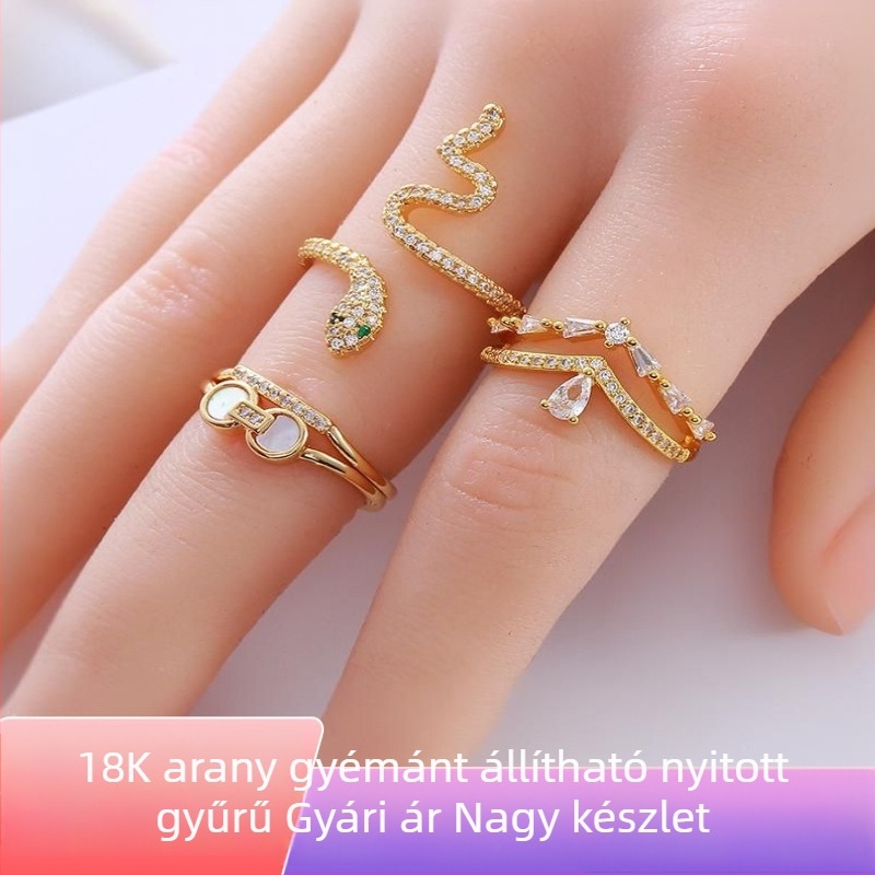 Rézbevonatú 18K aranyozott cirkónia köves kígyó alakú gyűrű, állítható nyílás, divatos uniszex darab