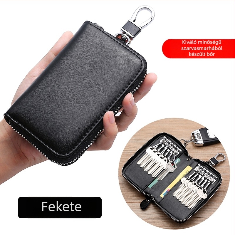 Cipzárral záródó kulcstartó táska, valódi marhabőrből, nagy kapacitású, többfunkciós