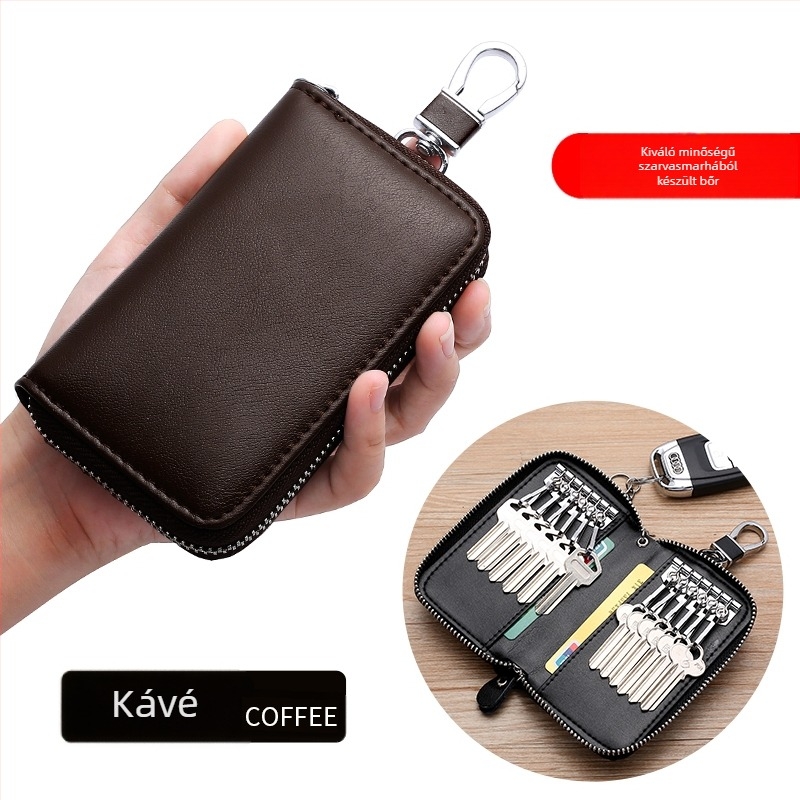 Cipzárral záródó kulcstartó táska, valódi marhabőrből, nagy kapacitású, többfunkciós