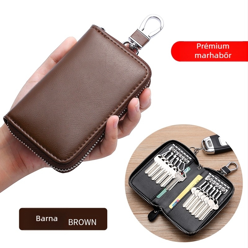 Cipzárral záródó kulcstartó táska, valódi marhabőrből, nagy kapacitású, többfunkciós