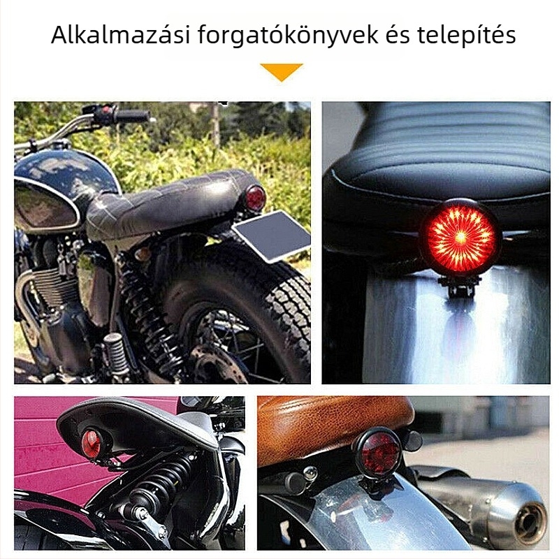 LED motorkerékpár hátsó lámpa, retro-modifikált, kör alakú fém ház, féklámpa, univerzális