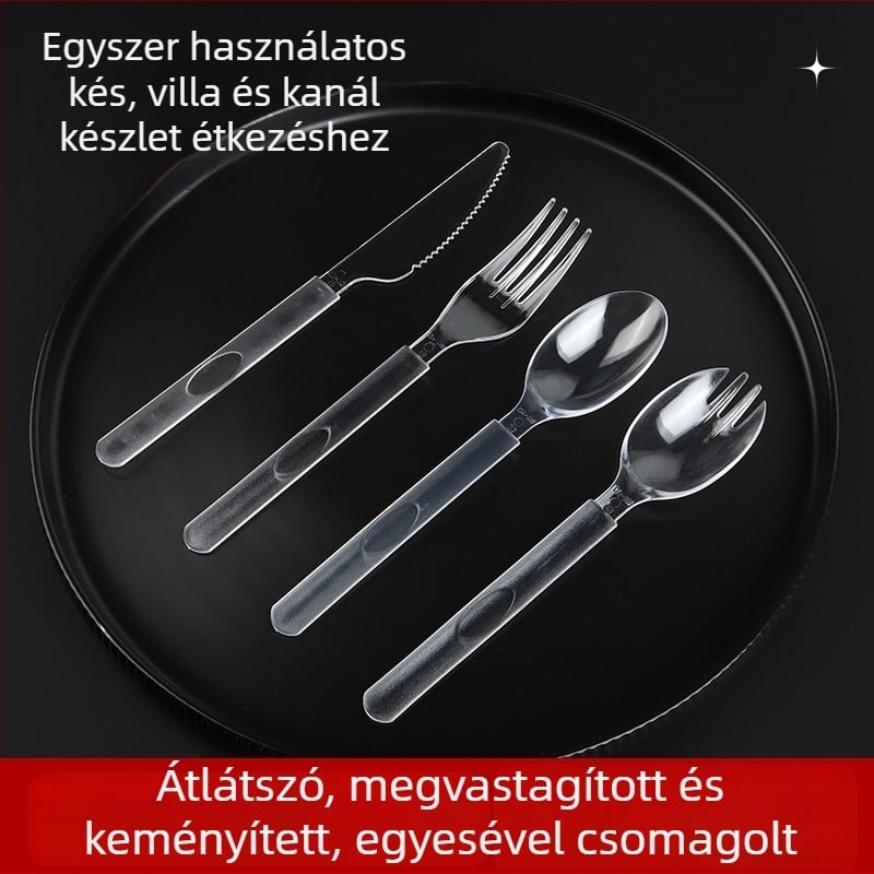 Egyszer használatos műanyag evőeszközök készlet hosszú nyelű, vastagított amerikai stílusú kanál, villa és kés, egyedi csomagolásban, 100 darab/csomag