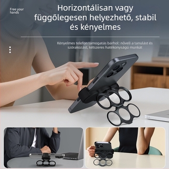 Telefontartó gyűrűvel, 360°-os forgás, hátoldali csipesz, fém hajlított keret, rezgéscsillapító
