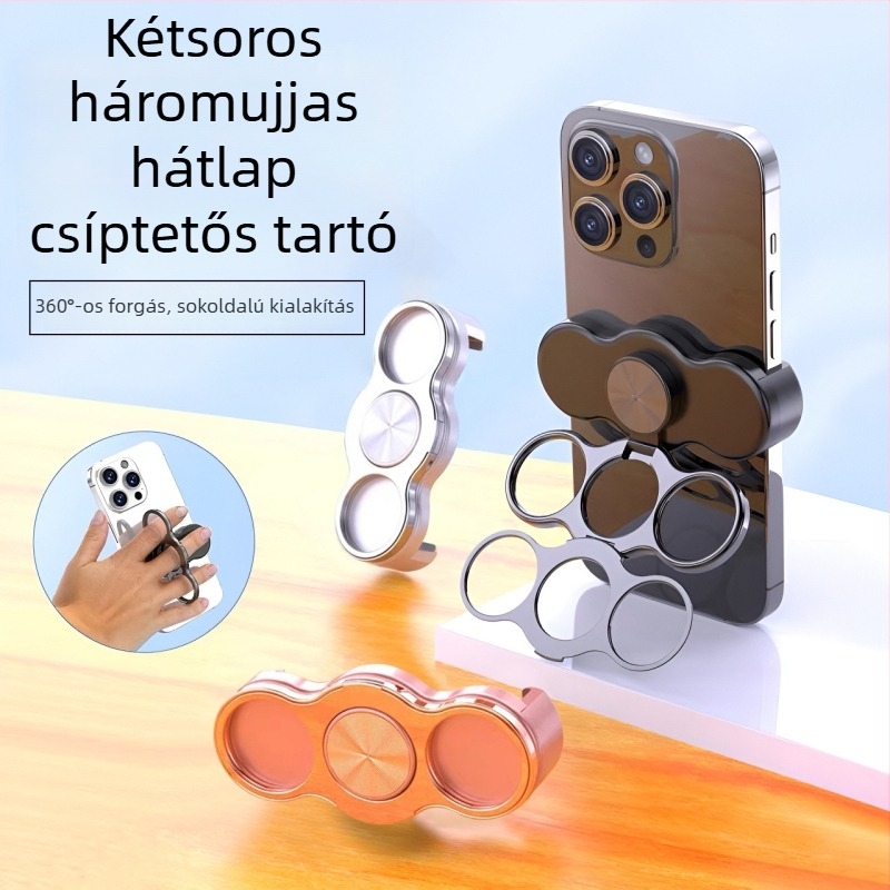 Telefontartó gyűrűvel, 360°-os forgás, hátoldali csipesz, fém hajlított keret, rezgéscsillapító