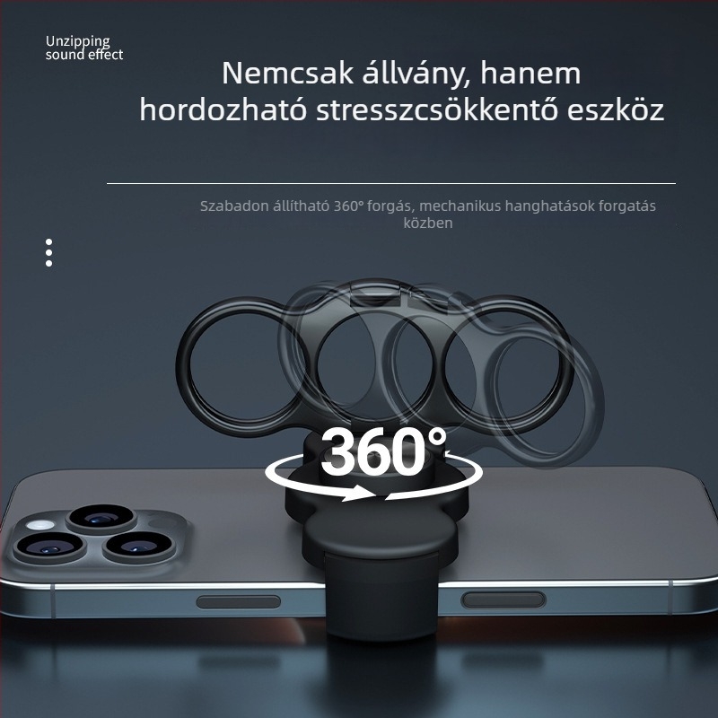 Telefontartó gyűrűvel, 360°-os forgás, hátoldali csipesz, fém hajlított keret, rezgéscsillapító