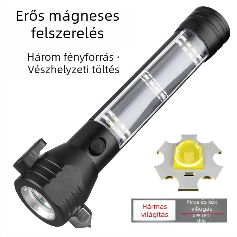 Kézi autóbiztonsági zseblámpa üvegtörővel, test alumíniumötvözet, 3,7V, 300–500 m hatótávolság