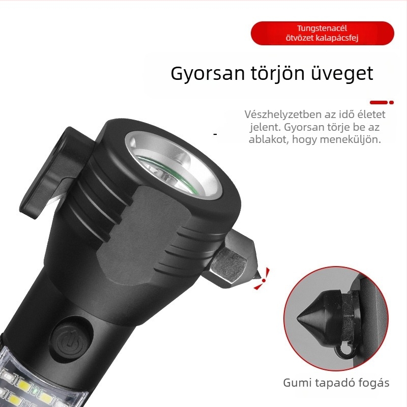 Kézi autóbiztonsági zseblámpa üvegtörővel, test alumíniumötvözet, 3,7V, 300–500 m hatótávolság
