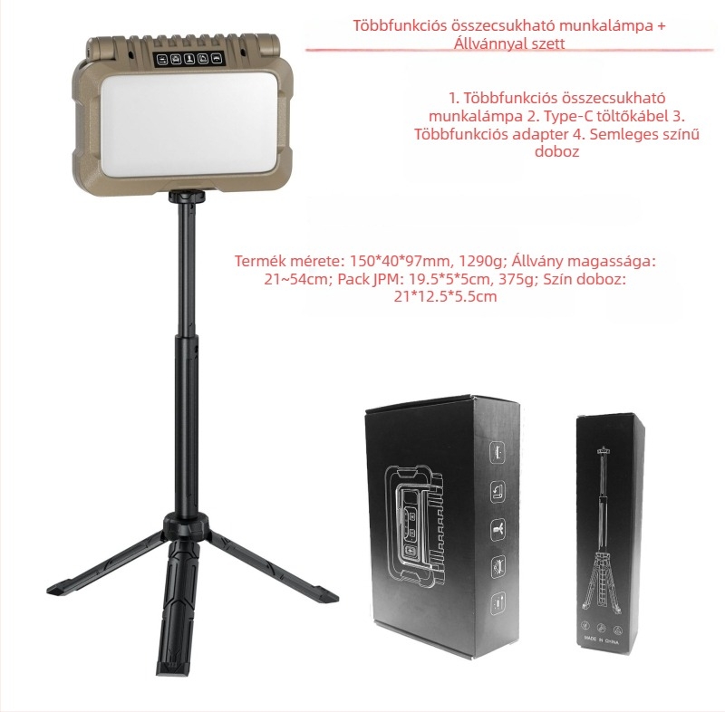 Golden Kirin Újratölthető kültéri összecsukható kempinglámpa, 15W LED, 4800mAh, 360° forgás, többfunkciós hordozható munka-/ellenőrző lámpa