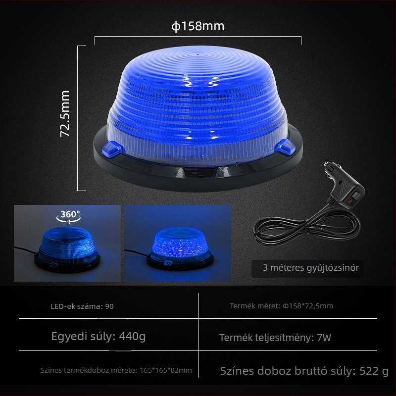 Jármű LED kerek riasztó fény mágneses rögzítéssel, erős villogás, 7W, 12–80V, 700 lm, LED 2835, PC ház