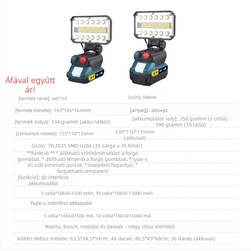 USB-s töltésű munka fényszóró LED, 50W, 15000mAh akkumulátor, vészvilágítás, hatótáv max. 50 m
