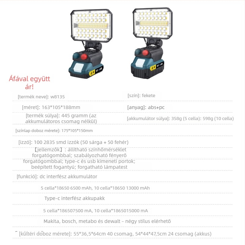 USB-s töltésű munka fényszóró LED, 50W, 15000mAh akkumulátor, vészvilágítás, hatótáv max. 50 m