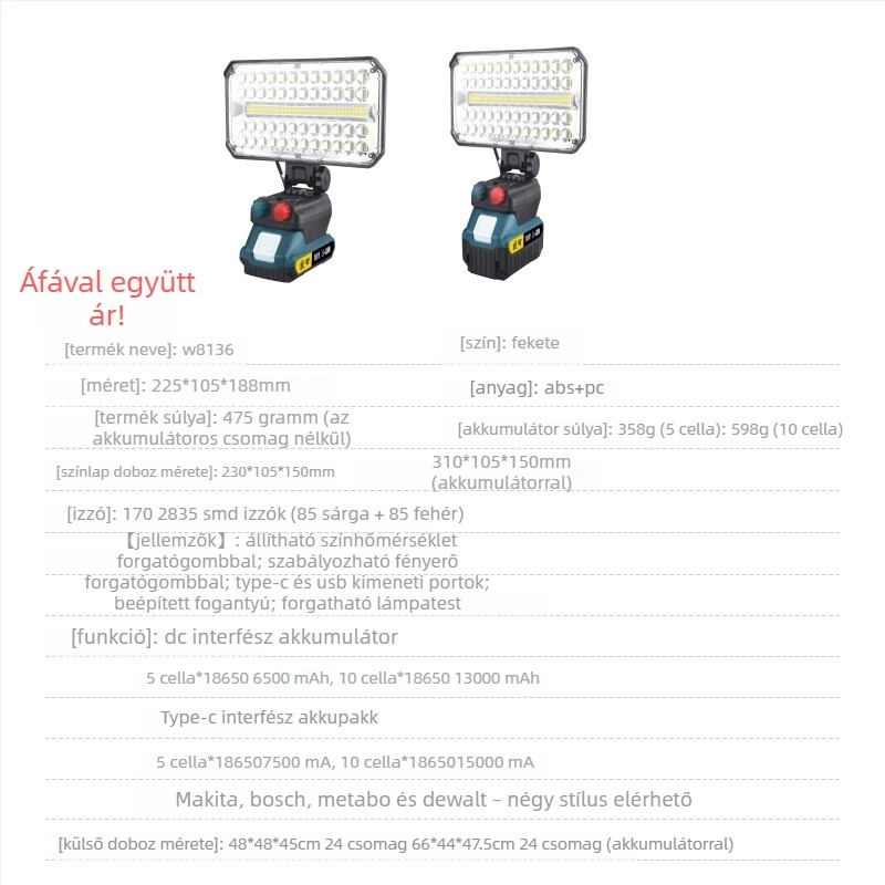USB-s töltésű munka fényszóró LED, 50W, 15000mAh akkumulátor, vészvilágítás, hatótáv max. 50 m