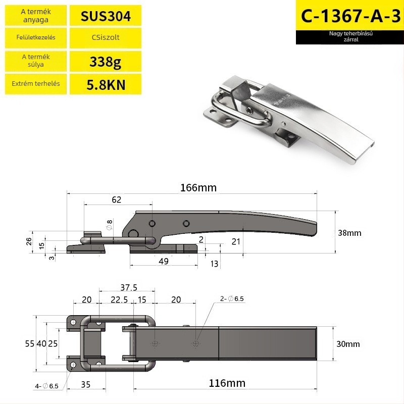 Rozsdamentes acélból készült nehézterhelésű csat ipari dobozokhoz, modell C-1367-A