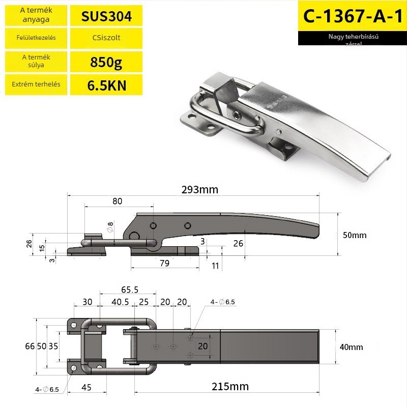 Rozsdamentes acélból készült nehézterhelésű csat ipari dobozokhoz, modell C-1367-A