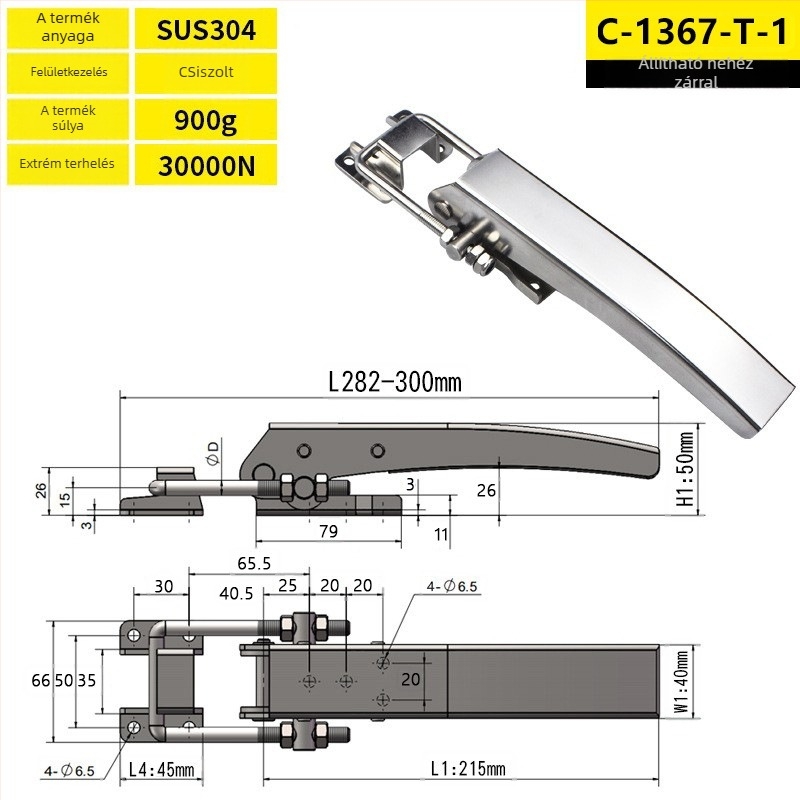 Rozsdamentes acélból készült nehézterhelésű csat ipari dobozokhoz, modell C-1367-A