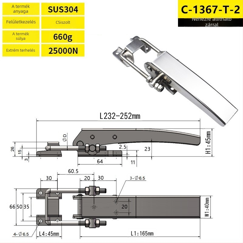 Rozsdamentes acélból készült nehézterhelésű csat ipari dobozokhoz, modell C-1367-A