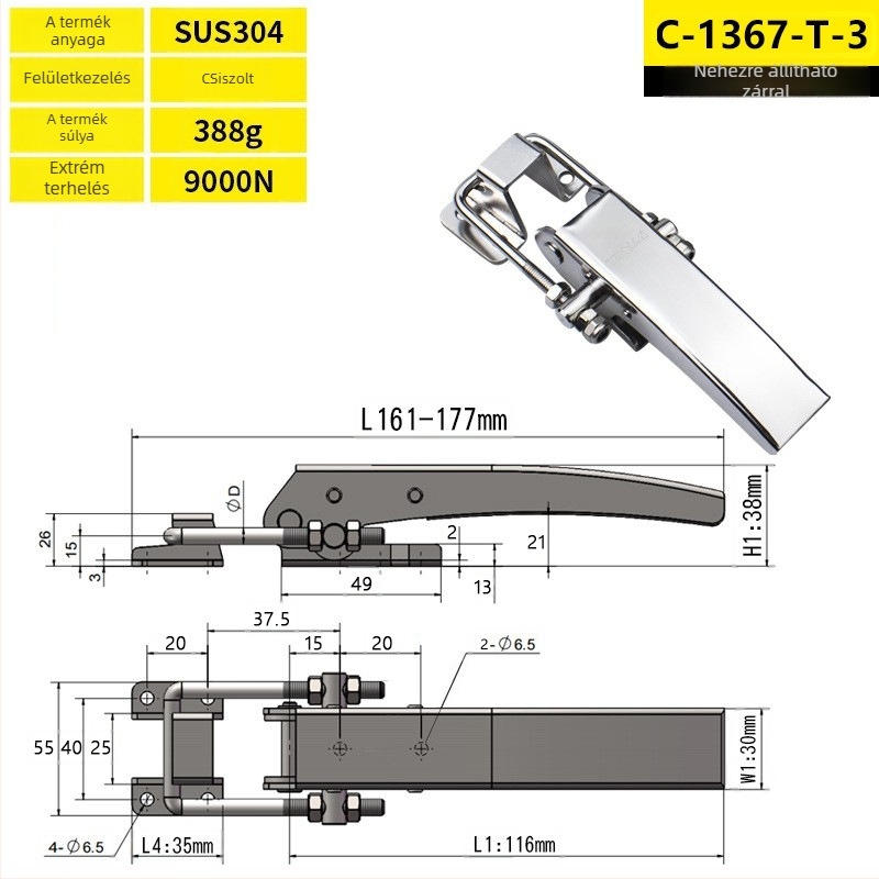 Rozsdamentes acélból készült nehézterhelésű csat ipari dobozokhoz, modell C-1367-A