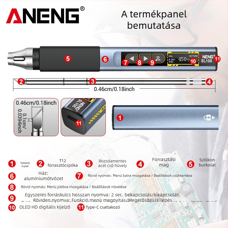 ANENG állandó hőmérsékletű forrasztópáka, 28V DC, rozsdamentes acél test, hegesztésre és javításra
