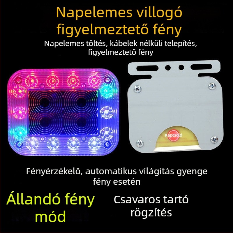 Napelemes figyelmeztető strobe lámpa járművekhez, vezetékek nélkül, izzóegység, 220V