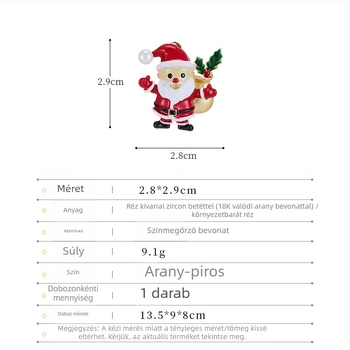 Bross: Mikulás és hóember karikatúrafigurák; anyag: réz micro-bevonat arannyal; márka: Liyu Jewelry; stílus: édes és vagány; forma: karikatúrafigurák; feldolgozási technika: elektroplakkolás.