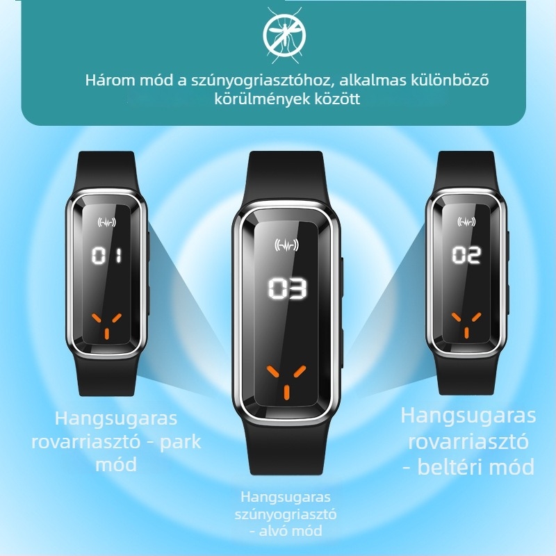 DIROSE Ultrahangos szúnyogriasztó karkötő pedométerrel, beépített akkumulátor 500 mAh-ig, 10 m² lefedettség, ABS ház