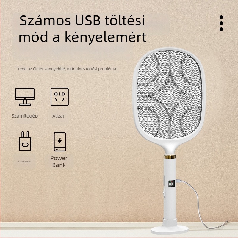 USB-töltődéses elektromos szúnyogölő, kettő az egyben, LED világítással (11–20 m² lefedettség, töltési idő 8–10 óra, üzemidő >12 óra, beépített 500 mAh-s akkumulátor)