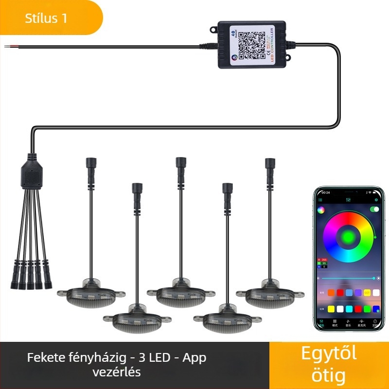 Autó grill LED nappali világítás, App-vezérlésű RGB, modell App-rgb-f1, 12V, 5W, 0.5A, univerzális típus