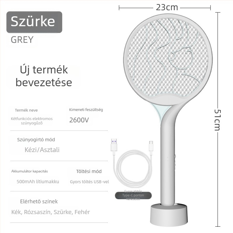 2-in-1 elektromos szúnyogírtó LED-es csapdával, kézi kivitelhez alap, akár 10 m²-re, beépített akkumulátor max 500 mAh, töltési idő 1–3 óra, üzemidő max 1 óra