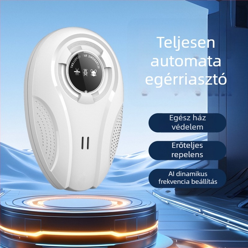 W28 ultrahangos kártevőriasztó – intelligens változó frekvenciájú mód, egerek, szúnyogok és csótányok ellen; 220V, 12–100 kHz, 1.5W, töltés támogatott.