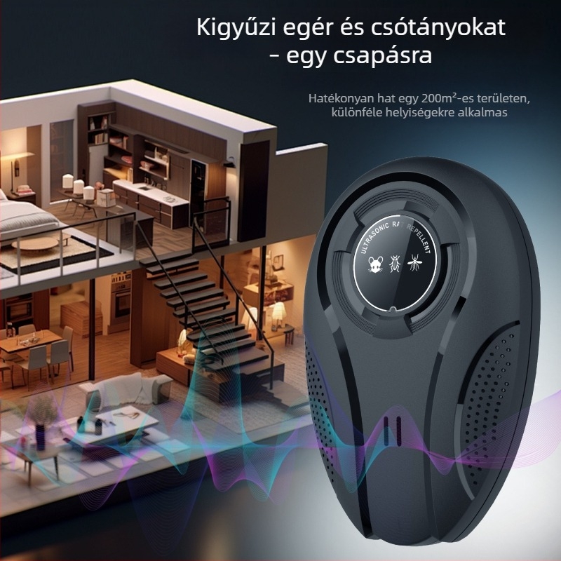 W28 ultrahangos kártevőriasztó – intelligens változó frekvenciájú mód, egerek, szúnyogok és csótányok ellen; 220V, 12–100 kHz, 1.5W, töltés támogatott.