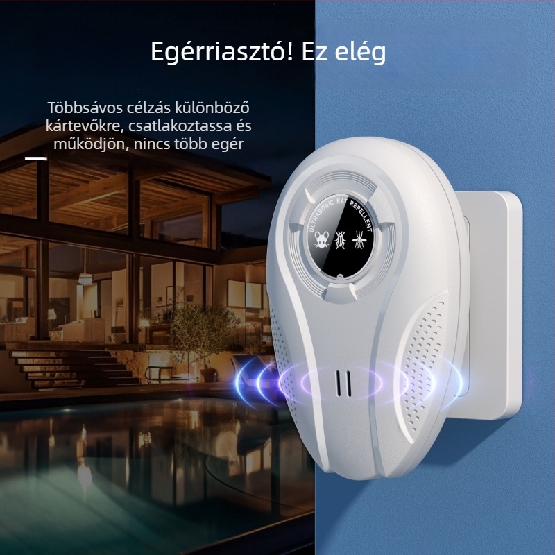 W28 ultrahangos kártevőriasztó – intelligens változó frekvenciájú mód, egerek, szúnyogok és csótányok ellen; 220V, 12–100 kHz, 1.5W, töltés támogatott.