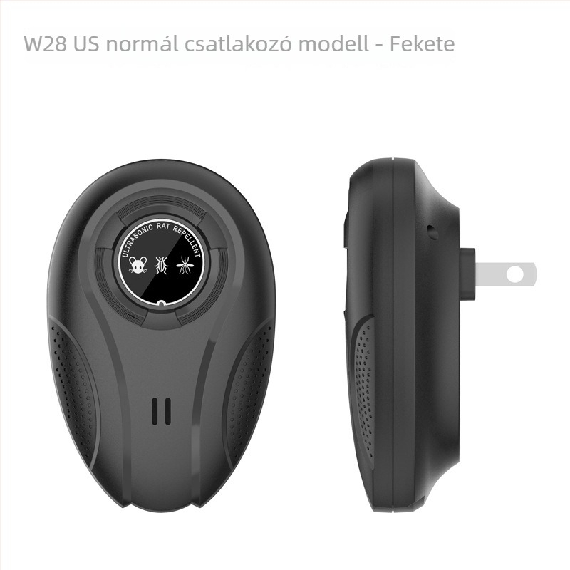 W28 ultrahangos kártevőriasztó – intelligens változó frekvenciájú mód, egerek, szúnyogok és csótányok ellen; 220V, 12–100 kHz, 1.5W, töltés támogatott.