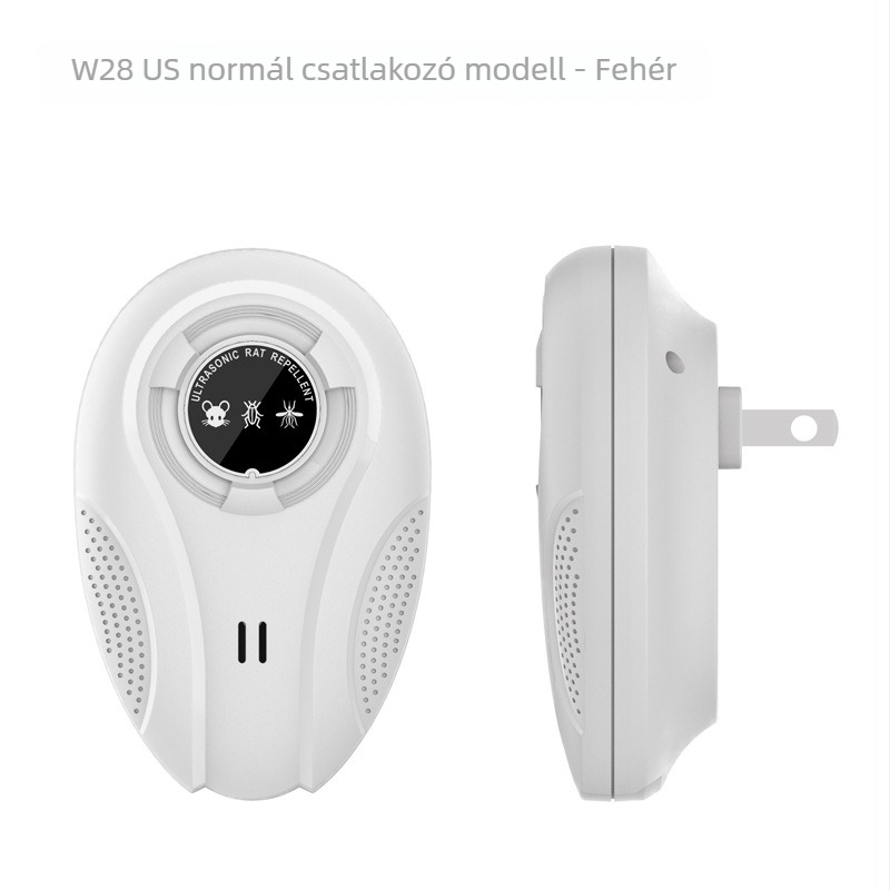 W28 ultrahangos kártevőriasztó – intelligens változó frekvenciájú mód, egerek, szúnyogok és csótányok ellen; 220V, 12–100 kHz, 1.5W, töltés támogatott.
